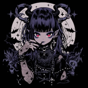 Op de afbeelding: Een digitale illustratie van een anime-personage met donker haar, rode ogen en hoorns. Het personage draagt een zwarte outfit met een kruis-ketting en een halve maan-choker. De achtergrond is donkerpaars en zwart met een halve maan en vleermuizen.