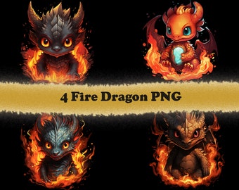 4 Fire Dragon PNG Bundle for Sublimation- Transparent background - Commercial Use - 300 dpi, Cute Dragon PNG, Dragon PNG