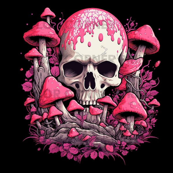 Pink Mushroom Skull T-shirt design PNG Digital Download for Sublimation - Transparent background - 300 dpi - 3000 pixels