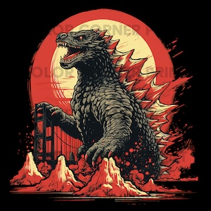Godzilla Retro T-shirt Design PNG and JPEG Digital Download for Sublimation - Transparent background - 300 dpi - 3000 pixels