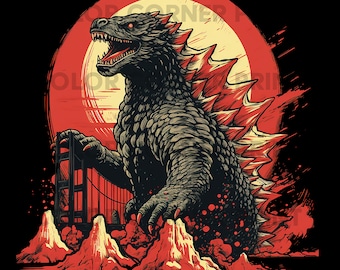 Godzilla Retro T-shirt Design PNG and JPEG Digital Download for Sublimation - Transparent background - 300 dpi - 3000 pixels