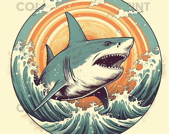 Shark Retro T-shirt Design PNG and JPEG Digital Download for Sublimation - Transparent background - 300 dpi - 3000 pixels