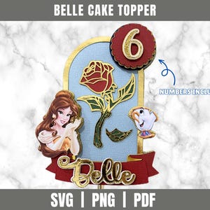 Topper per torta Belle SVG / Topper per torta ispirato alla principessa della bellezza File di taglio / Festa della bestia fai da te / Modello File di taglio per topper per torta / Modello per festa