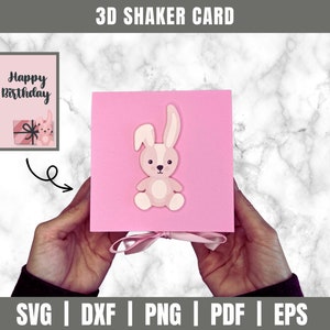 Roze baby konijntje kaart SVG | Roze Shaker-kaart | Shaker-kaart SVG | Schaduw vak kaart SVG | Baby konijntje kaart SVG | 3D gelukkige verjaardag-svg