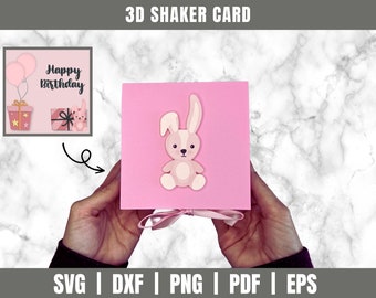Roze baby konijntje kaart SVG | Roze Shaker-kaart | Shaker-kaart SVG | Schaduw vak kaart SVG | Baby konijntje kaart SVG | 3D gelukkige verjaardag-svg
