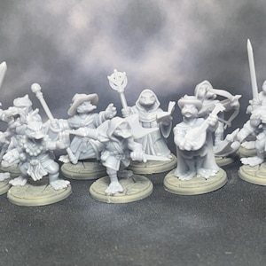 May include: A collection of unpainted miniature figurines, likely for tabletop gaming. The figures depict anthropomorphic characters in various poses, some holding weapons or musical instruments. The miniatures are on circular bases and are made of a light gray material.