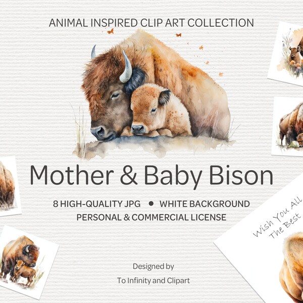 Animal Clip Art Set, 8 Mother and Baby Bison on White Background | Personal & Commercial Use | Scrapbooking, Wall Art, Cards and More