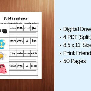 May include: A printable educational worksheet titled Build a sentence with four rows of exercises. Each row features a colourful icon of sunglasses, a fan, a heater, or a blanket, followed by scrambled words to rearrange into a complete sentence on lines.