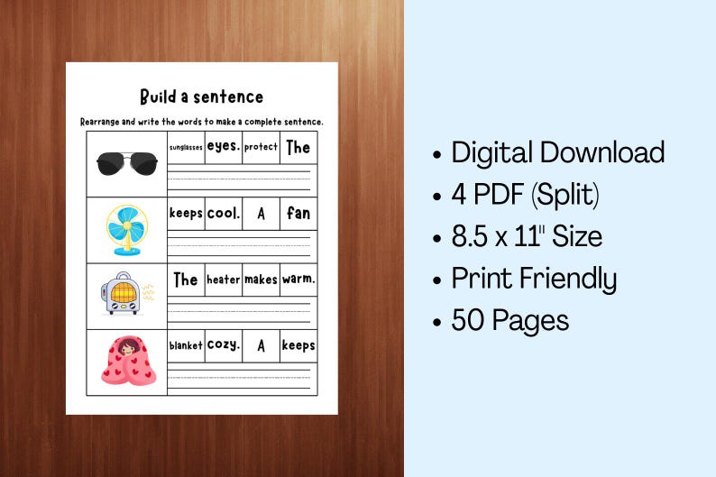 May include: A printable educational worksheet titled Build a sentence with four rows of exercises. Each row features a colourful icon of sunglasses, a fan, a heater, or a blanket, followed by scrambled words to rearrange into a complete sentence on lines.