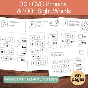 May include: Educational worksheets featuring 30+ CVC phonics and 100+ sight words for kindergarten, pre-K, and 1st graders. The black and white pages include word family lists for -ax and -et, sight words with 3 and 5 letters, and 60 pages total.
