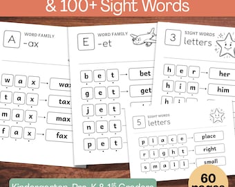 Illustrated CVC Phonics Workbook Printable, Word Families Sight Words, Pre-K Kindergarten Homeschool, 60 Pages
