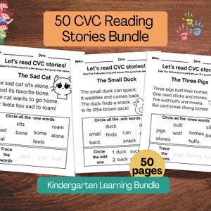 May include: A 50-page CVC reading stories bundle for kindergarten learning. The educational worksheets feature black text on white paper, including stories titled The Sad Cat, The Small Duck, and The Three Pigs, with word tracing and circling exercises.