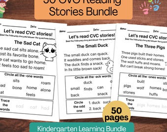 CVC Reading Stories Bundle: Phonics Arbeitsblätter, Kindergarten Lernen (Digitaler Download)