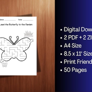 May include: A white printable maze featuring a butterfly design with the text "Lead the Butterfly to the Garden". The image also includes a list of digital download details, including A4 and 8.5 x 11 inch sizes.