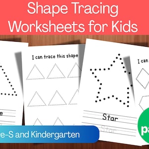 May include: Shape tracing worksheets for kids. The image shows several white worksheets with dotted shapes, including a triangle and a star, designed for tracing. The worksheets are labeled with shape names and the text "Pre-S and Kindergarten". There are 38 pages.
