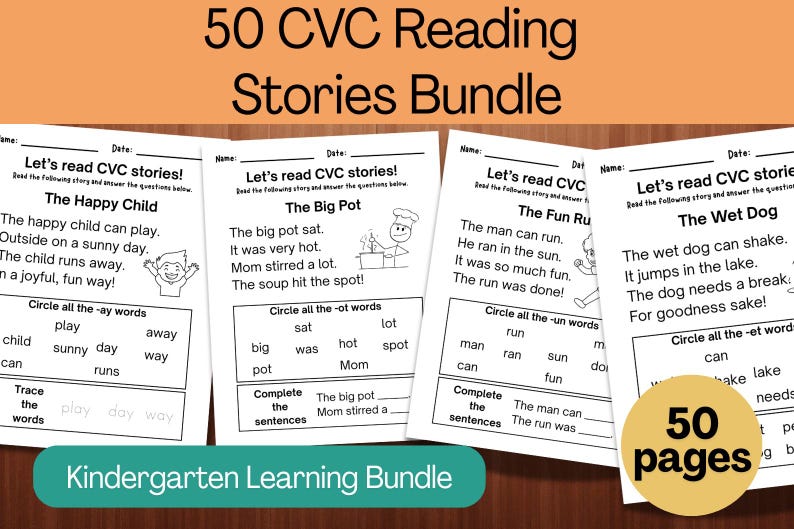 CVC Reading Stories Bundle: Phonics Worksheets, Kindergarten Learning (Digital Download) image 1