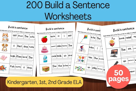 200 Build a Sentence Worksheets - Printable Writing Practice Activities for Kindergarten, 1st, 2nd Grade ELA