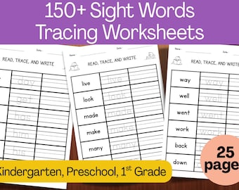 Sight Words Tracing Worksheets: Kindergarten Reading Practice (Digital Download)