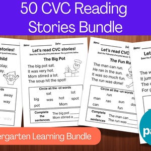 May include: A bundle of 50 CVC reading stories for kindergarten. Each page features a short story with illustrations, comprehension questions, and word exercises. The bundle includes a variety of stories with colorful illustrations and engaging activities.