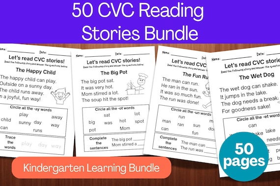 CVC Reading Stories Bundle: Phonics Worksheets, Kindergarten Learning (Digital Download)