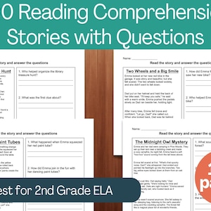 Op de afbeelding: Een verzameling educatieve werkbladen getiteld 100 Reading Comprehension Stories with Questions. De pagina's bevatten korte verhalen zoals The Library Treasure Hunt, Two Wheels and a Big Smile en The Dancing Paint Tubes, elk met genummerde vragen.
