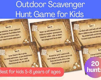 Kids Outdoor Scavenger Hunt – 20 Printable Treasure Hunt Cards (Digital Download)