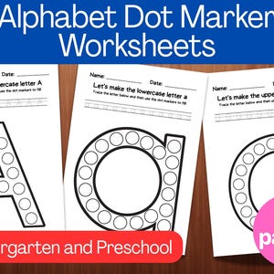 Peut inclure: Feuilles de travail Alphabet Dot Marker pour la maternelle et le préscolaire. L'image montre trois feuilles de travail avec des lettres majuscules et minuscules, conçues pour les activités de marqueurs à points. Les feuilles de travail sont blanches avec des contours noirs des lettres A, a et G.