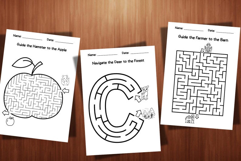 May include: Three white activity sheets with black line drawings of mazes. One maze is shaped like an apple, another like a letter C, and the third is a square. Each sheet has a title, "Guide the Hamster to the Apple", "Navigate the Deer to the Forest", and "Guide the Farmer to the Barn".