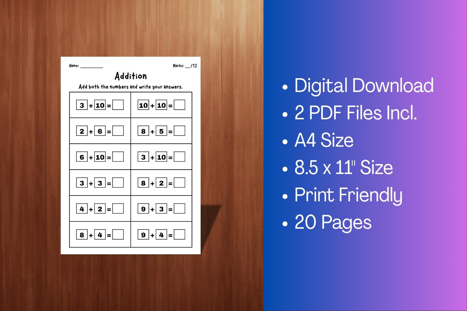 20 Printable Addition Worksheets (numbers 1-10) for Kindergarten-1st ...