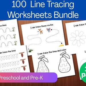 Può includere: Un pacchetto di 100 fogli di lavoro per il tracciamento di linee per bambini in età prescolare e pre-K. I fogli di lavoro presentano varie attività di tracciamento, tra cui linee, forme e immagini di animali, fiori e frutta. Il pacchetto include 100 pagine.