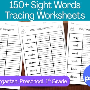 May include: Worksheets for tracing sight words, featuring the text "READ, TRACE, AND WRITE". The worksheets include words like "day", "get", and "has". The image also includes the text "Kindergarten, Preschool, 1st Grade" and "25 pages".