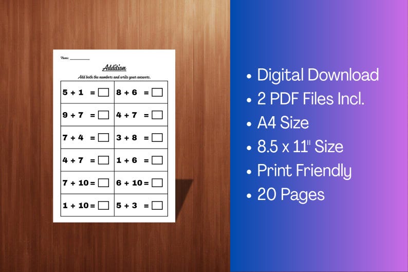 20 Printable Addition Worksheets (numbers 1-10) for Kindergarten-1st ...