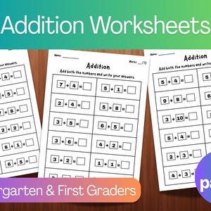 20 Printable Addition Worksheets (Numbers 1-10) for Kindergarten-1st Grade Math | Addition Practice Sheets