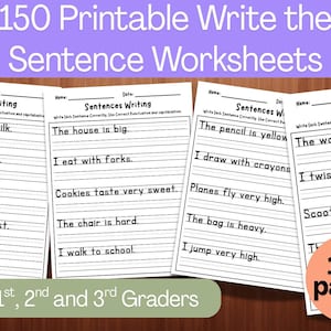 Puede incluir: Un conjunto de 150 hojas de trabajo imprimibles para escribir oraciones para estudiantes de 1º, 2º y 3º grado. Las páginas blancas presentan papel rayado negro con el título Sentences Writing, campos de nombre y fecha, y oraciones de ejemplo.