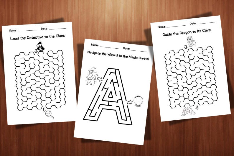 May include: Three white paper mazes with black line drawings and text. The mazes are titled "Lead the Detective to the Clues", "Navigate the Wizard to the Magic Crystal", and "Guide the Dragon to Its Cave". The papers are on a brown wooden surface.
