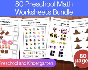 Printable Preschool Math Worksheets Bundle | 80 Pages of Counting & Addition Activities | Kindergarten Learning Pack