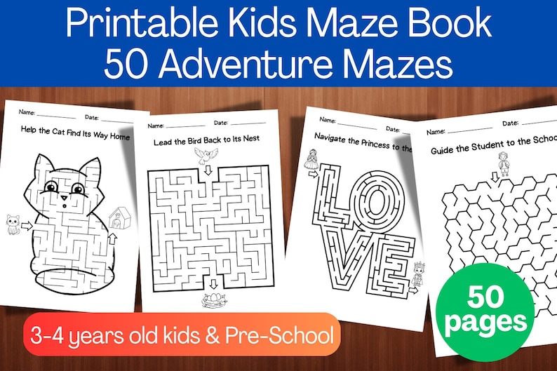 May include: Printable kids' maze book with 50 adventure mazes. The book features black and white mazes with illustrations of a cat, bird, princess, and student. The book is designed for kids aged 3-4 years old and pre-school.