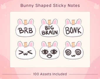 May include: Six white bunny-shaped sticky notes with different expressions and text. The notes include the text "BRB", "BIG BRAIN", "BONK", and three different bunny faces. The text "100 Assets Included" is at the bottom of the image.