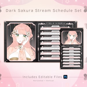 May include: A set of editable stream schedule templates featuring a dark background with pink accents and a stylized illustration of a woman with pink hair. The text "Stream Schedule" is displayed on the template.