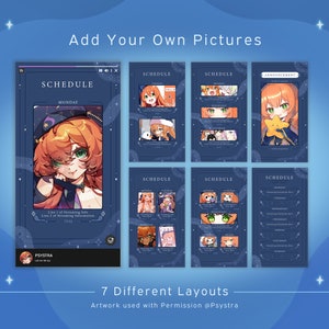 May include: A blue and white digital schedule template with a cartoon character illustration. The template has seven different layouts for a weekly schedule. The text on the template says "Add Your Own Pictures" and "7 Different Layouts".