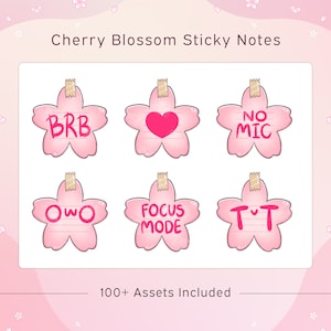 Może przedstawiać: Sześć różowych karteczek samoprzylepnych w kształcie kwiatu wiśni z różnymi napisami na każdej. Napisy to "BRB", "Focus Mode", "T-T", "No Mic", "O-W-O" i serce. Karteczki znajdują się na różowym tle z białymi kwiatami wiśni.