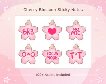 May include: Six pink cherry blossom sticky notes with different phrases written in pink on each. The phrases are "BRB", "Focus Mode", "T-T", "No Mic", "O-W-O", and a heart. The notes are on a pink background with white cherry blossoms.