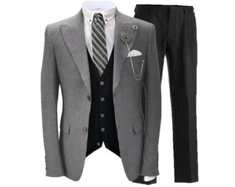 Mens 3 Piece Tweed Suit - Houndstooth - Classic British look - Bespoke - Made to measure