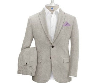 Hand Crafted Bespoke Men's Tweed Suit - Made-to-Measure 3 Piece Suit - Tweed Herringbone - Woollen Suit - Wedding Suit - Formal Suit - Cream