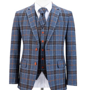 Mens 3 piece suit - Plaid Overcheck Tweed suit - Bespoke - Made to measure - Blue or Grey - Stunningly made