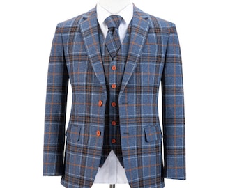 Mens 3 piece suit - Plaid Overcheck Tweed suit - Bespoke - Made to measure - Blue or Grey - Stunningly made