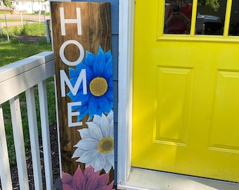 Letrero de bienvenida con flores pintadas a mano, arte para puerta con tablones de madera