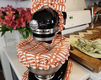 Conjunto de batidora de pie con estampado naranja quemado, con tapa para tazón, almohadilla para electrodomésticos y lazo opcional