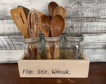 3 Jar Carved Wood Kitchen Cooking Utensil Holder