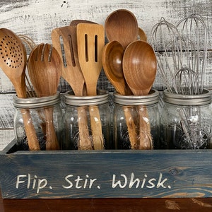 4 Jar Carved Wood Cooking Utensil Holder